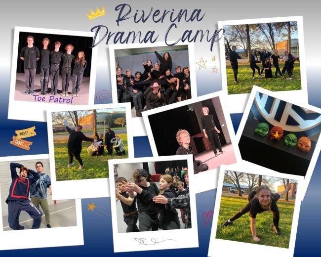 A collection of photos from the Riverina Drama Camp 2023 in which students are engaged in drama activities.